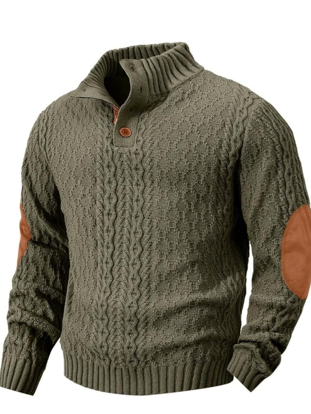 Men's Olive Cable-Knit Sweater with Elbow Patches